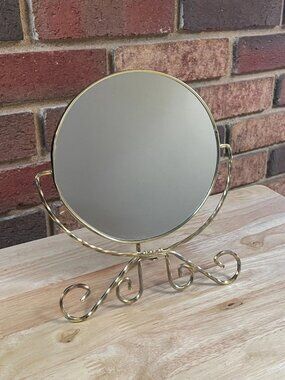 Vintage Brass Vanity Mirror Double Sided Rotating Round Ornate Wire Stand 8”